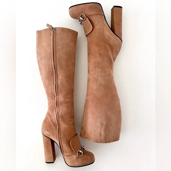 GUCCI | Lillian Horsebit Beige Tan Suede Leather Tall Knee High Heel Boot EU 37 - Picture 9 of 16